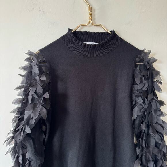 Sioni Black Petal Frill Sleeve Ruffle Neck Sweater M - Picture 2 of 8